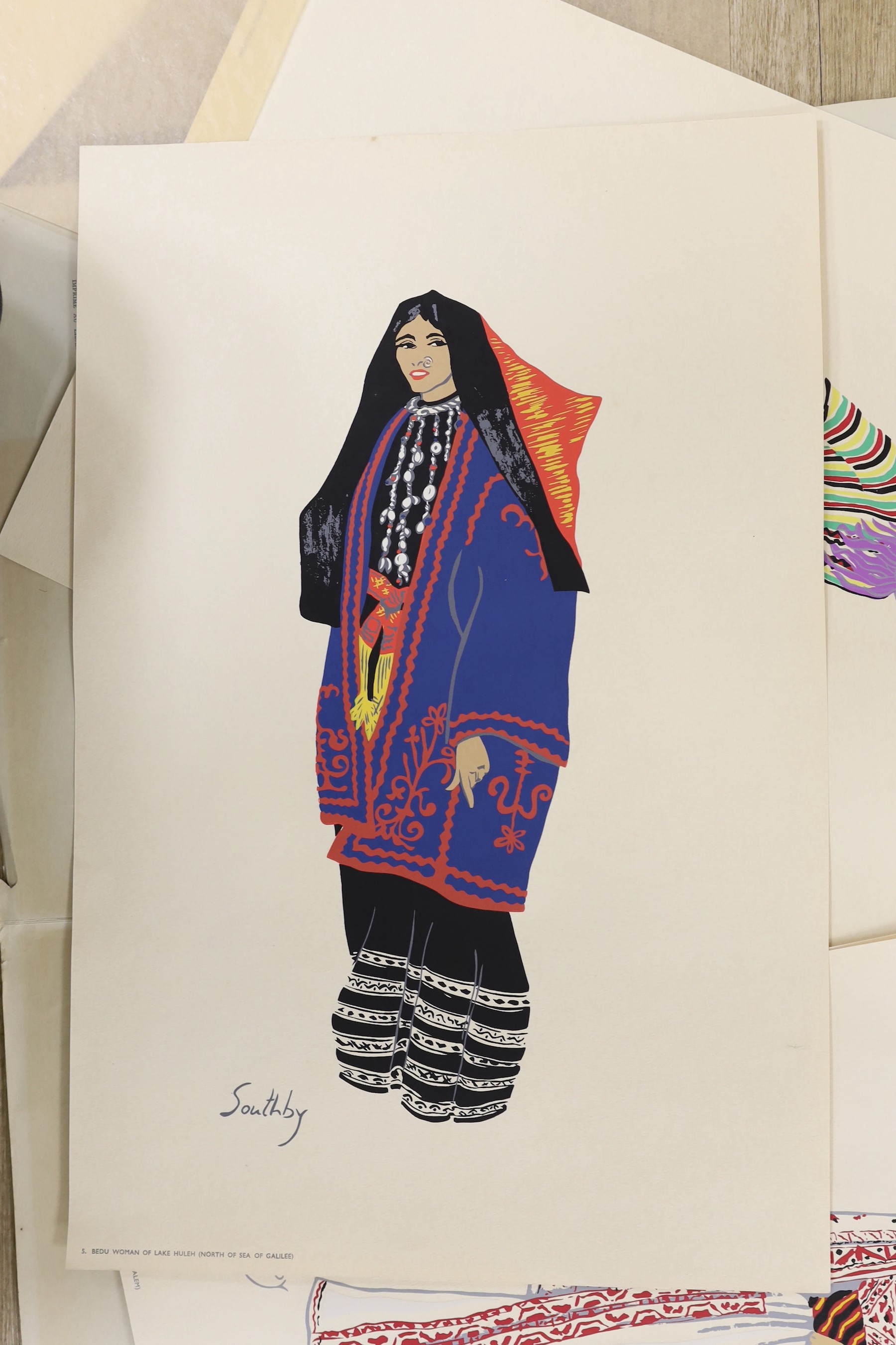 Susan Southby, 20th century, harbour scene, pastel, and six costume study prints ‘Costumes de Terre Sainte’, published 1953, no.78k
